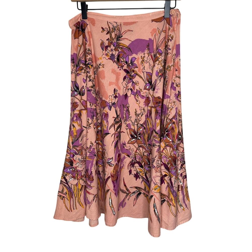 Real Clothing Co Fit & Flare Skirt Peach Purple Floral Sequin Accent Cotton L 12